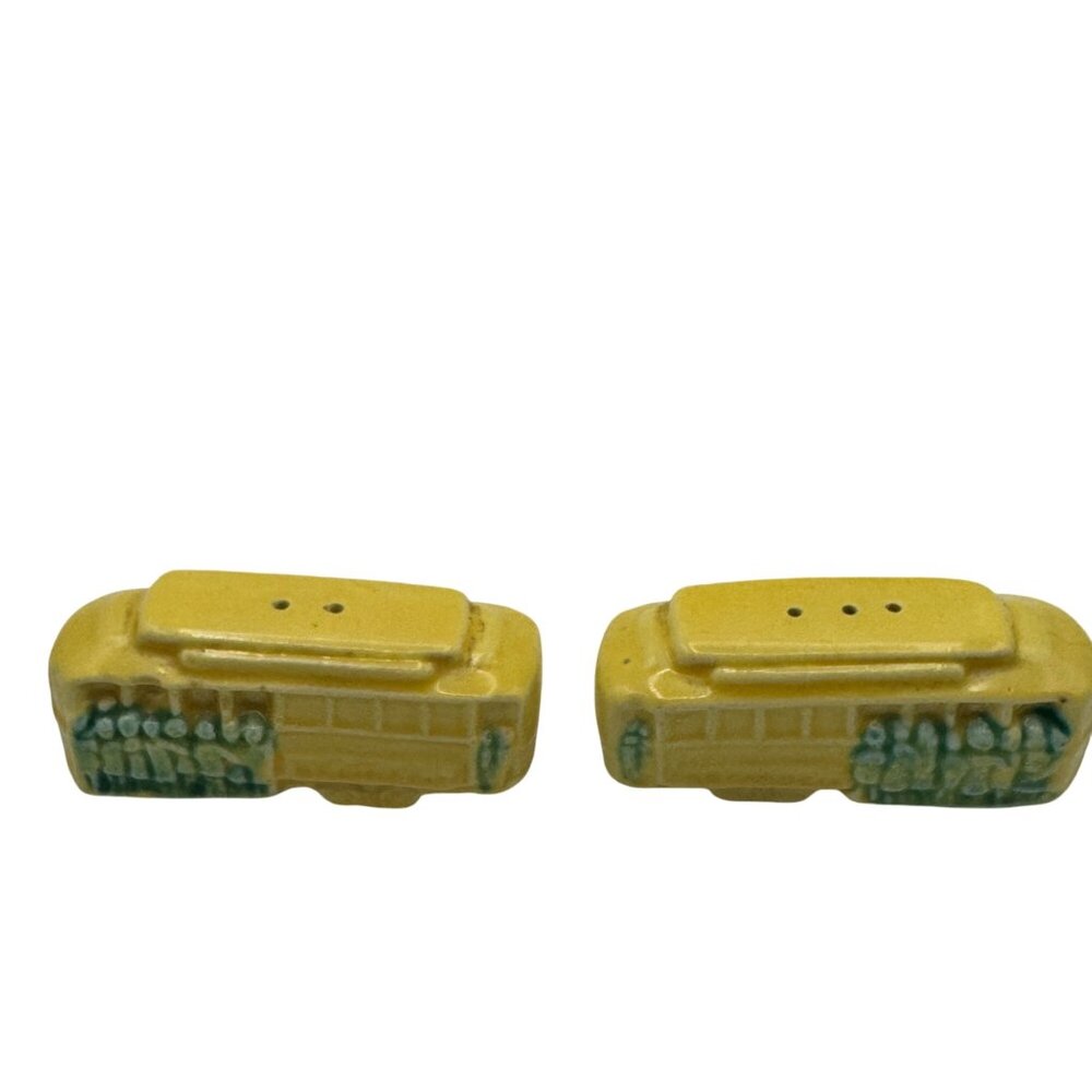 Vintage Ceramic Trolley Salt & Pepper Shakers Yellow & Green
